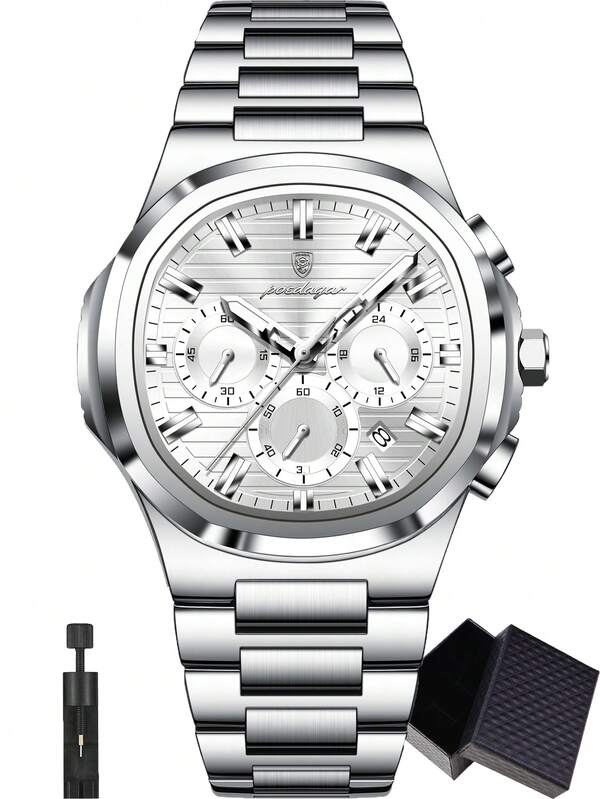 POEDAGAR 1 pieza Reloj de cuarzo cronógrafo casual de acero inoxidable para homb